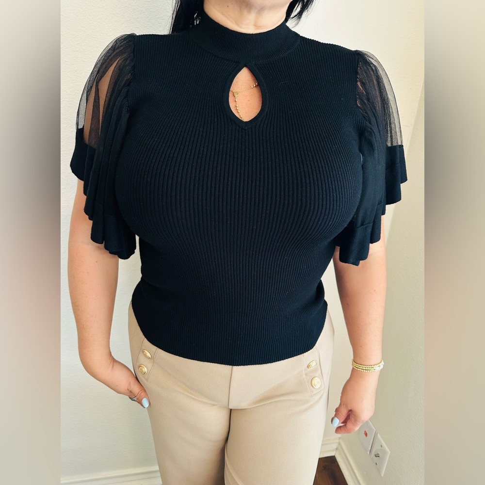 Chic Black Women's Blouse with Sheer Sleeves